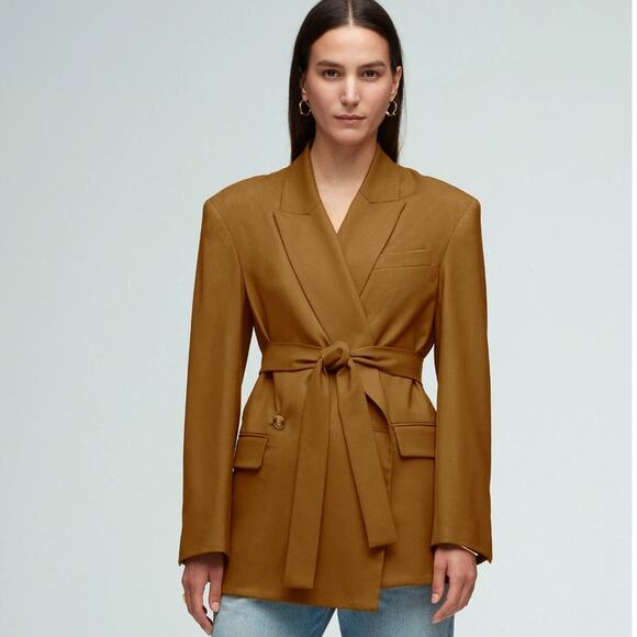 ARGENT Belted Double Breasted Blazer in Seasonless Wool Camel Tan Sz 0 {3B46} - Picture 1 of 5